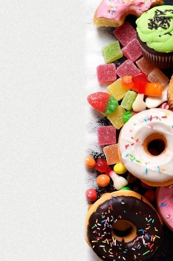 Doces coloridos e rosquinhas espalhados sobre uma superfície branca de açúcar